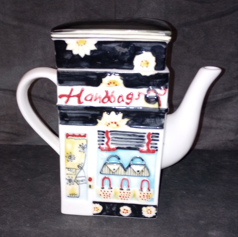 Adorable Tea Pot Handbags Store on one side & Bank on the other 6.5 in tall